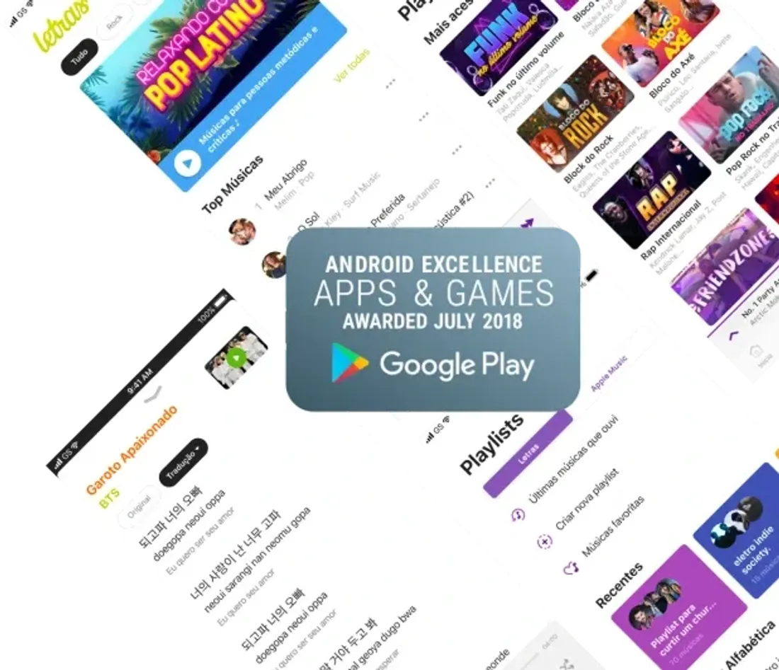 Apps do Letras na seleção Android Excellence de julho de 2018