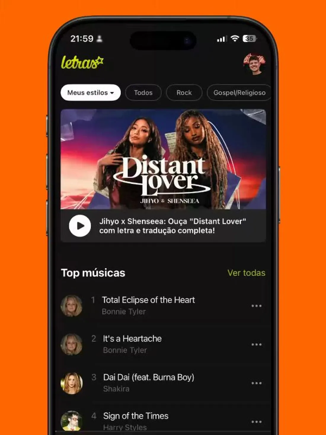 Home do app iOS com destaque editorial e top músicas